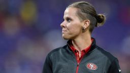 MINNEAPOLIS, MN - AUGUST 27: Assistant coach Katie Sowers of the San Francisco 49ers looks on before the preseason game against the Minnesota Vikings on August 27, 2017 at U.S. Bank Stadium in Minneapolis, Minnesota. (Photo by Hannah Foslien/Getty Images)