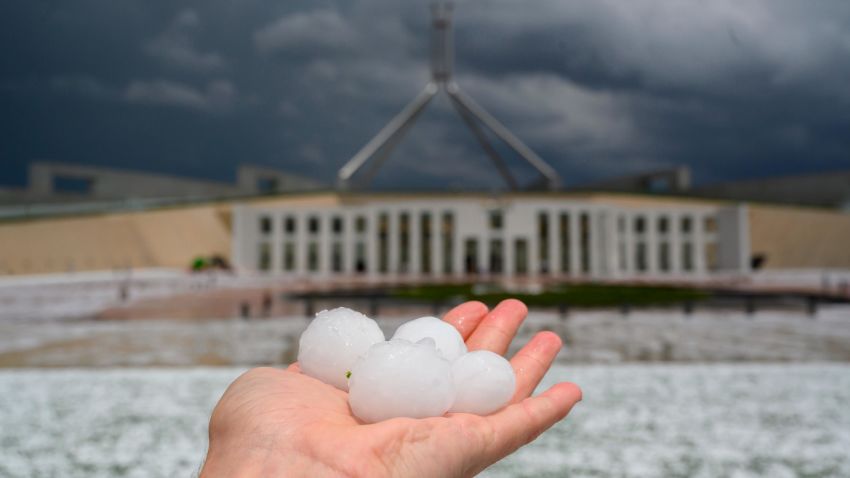 CANBERRA, AUSTRALIA - JANUARY 20: Golf ball-sized hail is shown at Parliament House on January 20, 2020 in Canberra, Australia. The large hailstorm hit Canberra this afternoon, with the Bureau of Meteorology predicting more storms were likely from north of Newcastle to the New South Wales-Victoria border on the coast. (Photo by Rohan Thomson/Getty Images)