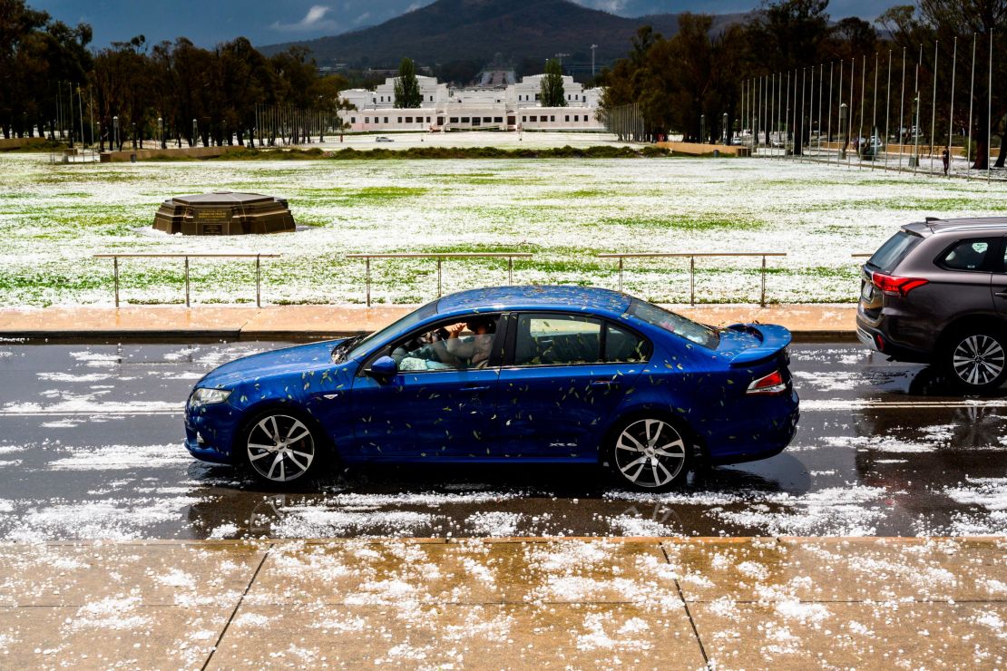 Golf ball-sized hail at Parliament House on January 20, 2020 in Canberra, Australia.
