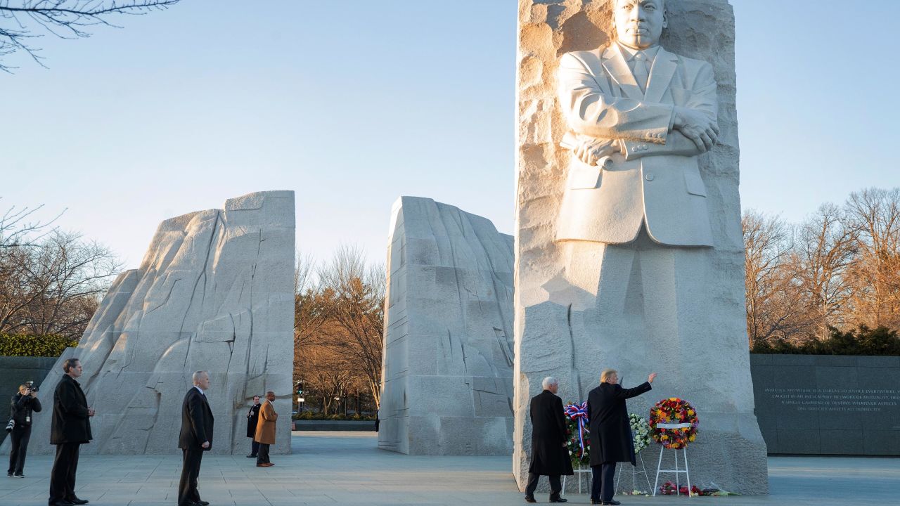 President Donald Trump and Vice President Mike Pence visit the Martin Luther King Jr. Memorial, Monday, January 20 in Washington.