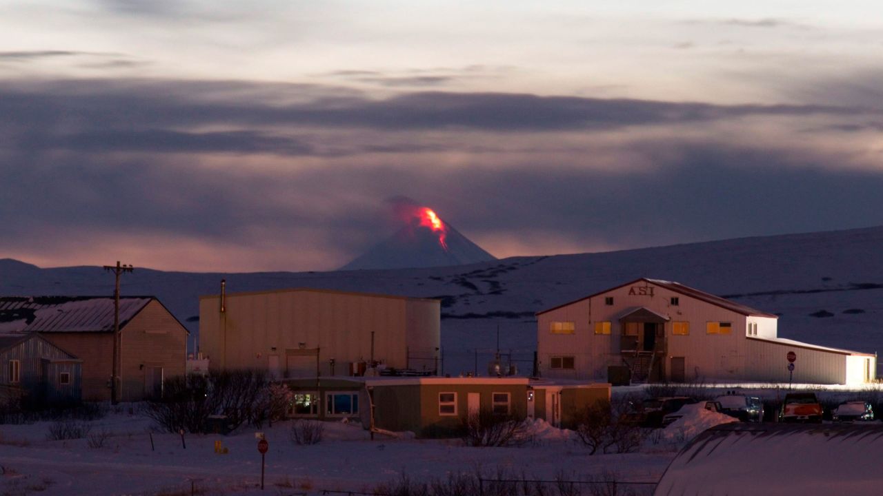 A photo taken on January 6 shows lava flowing from a vent on the Shishaldin Volcano.
