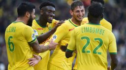 Nantes' Argentinian forward Emiliano Sala celebrates with teammates after scoring a goal during the French L1 football match between Nantes (FC) and Guingamp (EAG), on November 4, 2018, at the La Beaujoire stadium in Nantes, western France.
