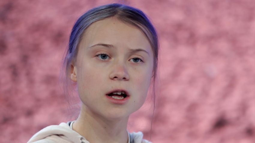 Swedish environmental activist Greta Thunberg addresses guests at the World Economic Forum in Davos, Switzerland, Tuesday, Jan. 21, 2020. The 50th annual meeting of the forum will take place in Davos from Jan. 21 until Jan. 24, 2020. (AP Photo/Michael Probst)