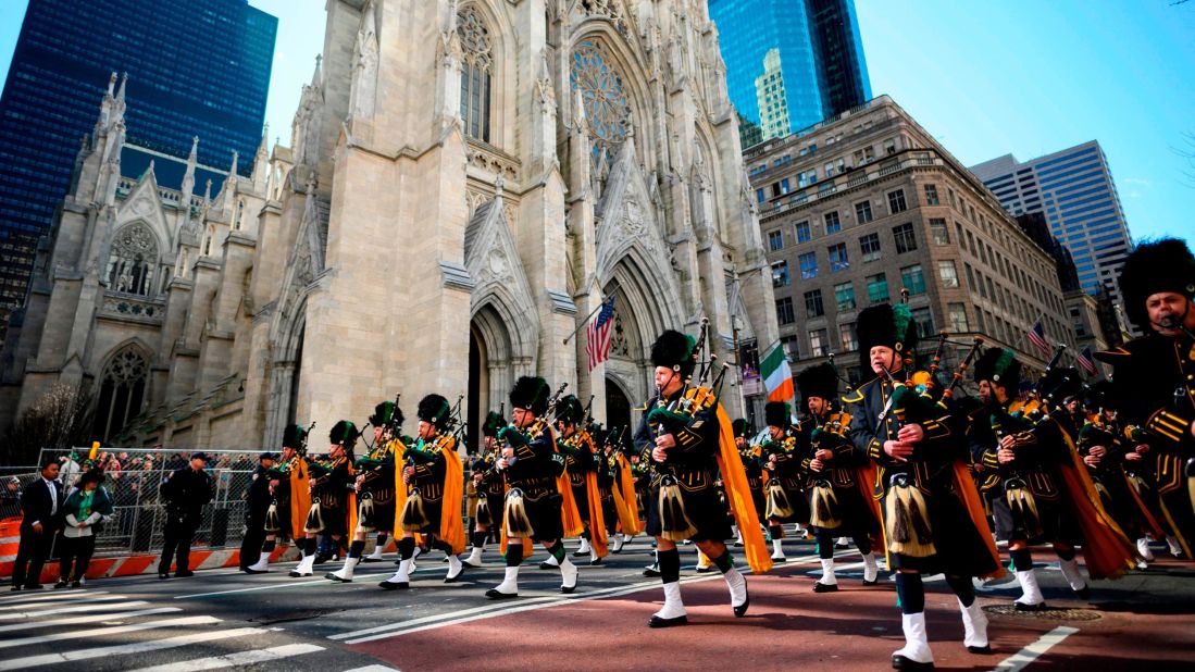 <strong>New York:</strong> Bagpipers pass St. Patrick's Cathedral during the annual  St. Patrick's Day Parade on March 16, 2019. New York's parade dates back to 1762.