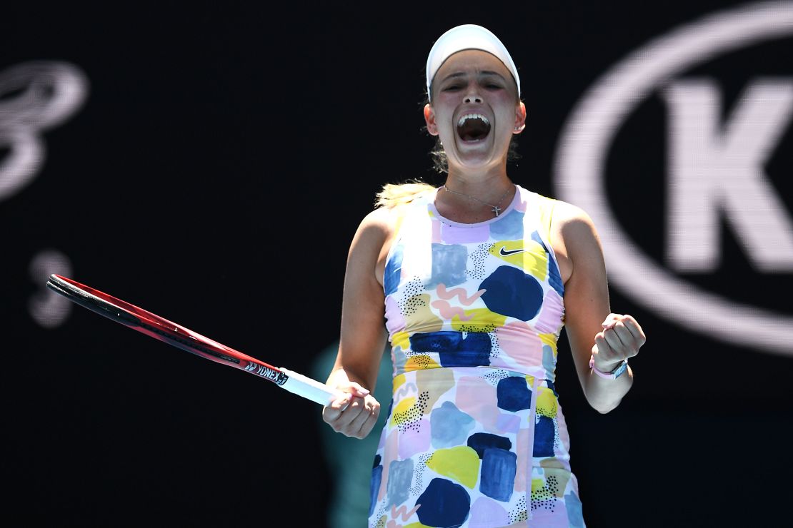 Donna Vekic celebrates victory over Maria Sharapova at the Australian Open. 