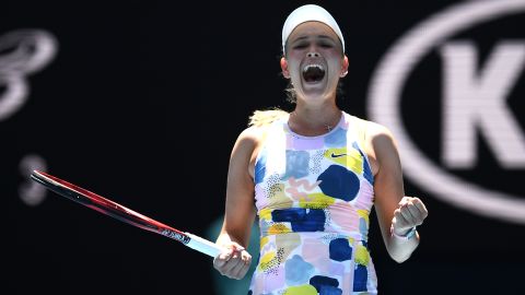 Donna Vekic celebrates victory over Maria Sharapova at the Australian Open. 