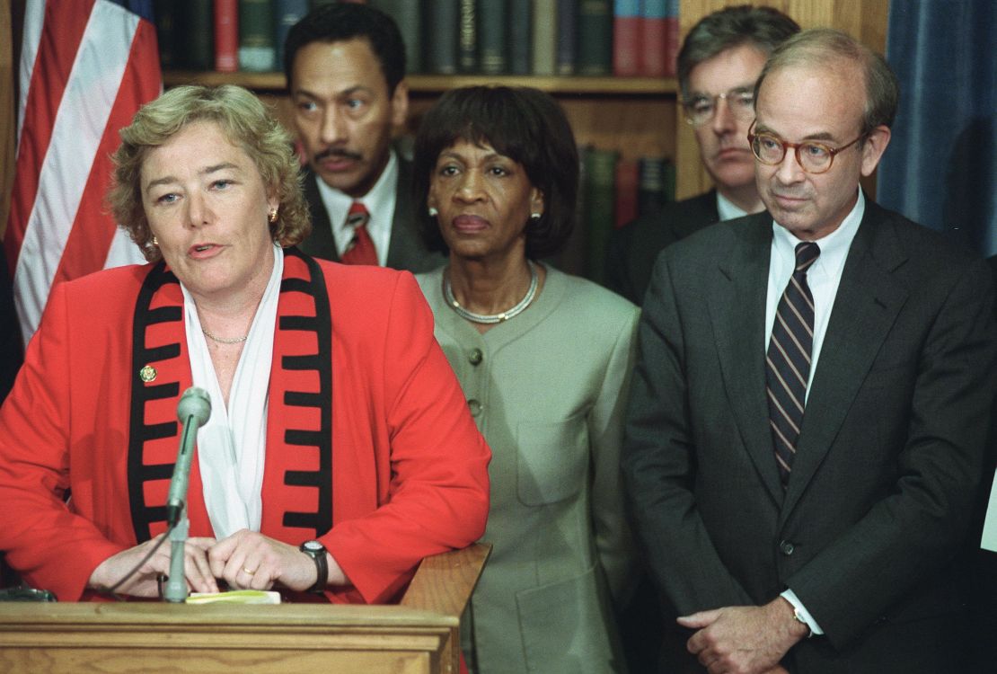 Zoe Lofgren speaks during a news conference surrounded by fellow House Democrats after the impeachment inquiry vote for then-President Bill Clinton in October 1998.