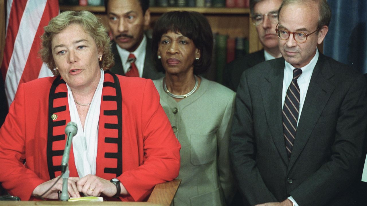 Zoe Lofgren speaks during a news conference surrounded by fellow House Democrats after the impeachment inquiry vote for then-President Bill Clinton in October 1998.