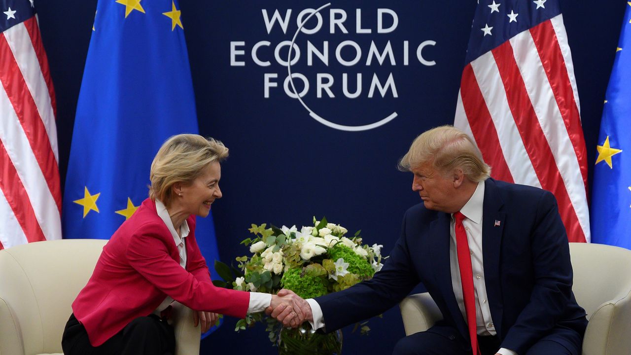President Donald Trump shakes hands with European Commission President Ursula von der Leyen in Davos.