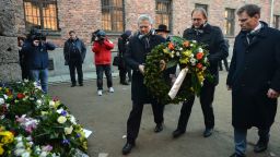 Representatives of Netherlands lay a wreaths at the Wall of Death inside Auschwitz I former Nazi concentration camp gate, during a second day of  'Delegation to Auschwitz' event on Tuesday, January 21, 2020, in Auschwitz I concentration camp, Oswiecim, Poland.