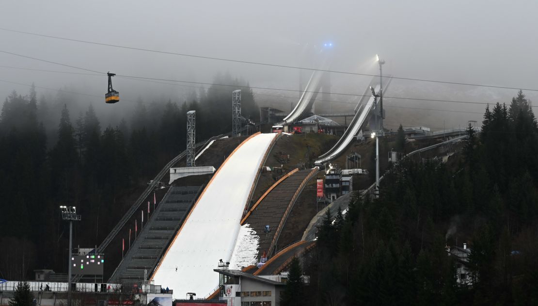 Organizers had to bring in old snow for the ski jump competition in Oberstdorf last month.