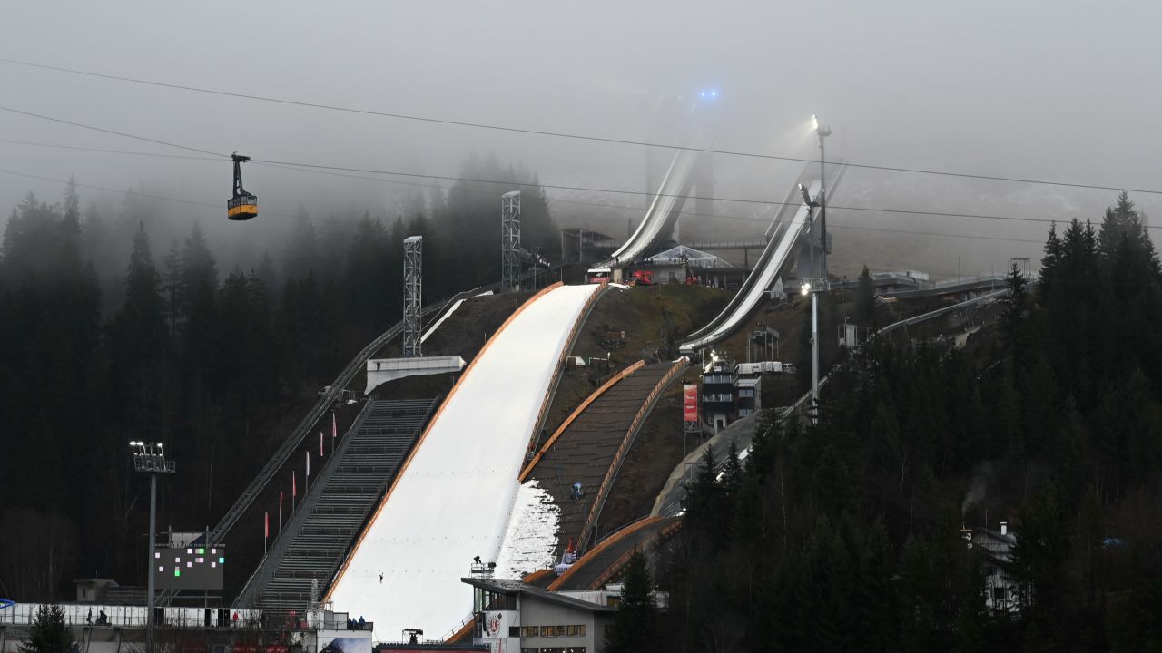 Organizers had to bring in old snow for the ski jump competition in Oberstdorf last month.