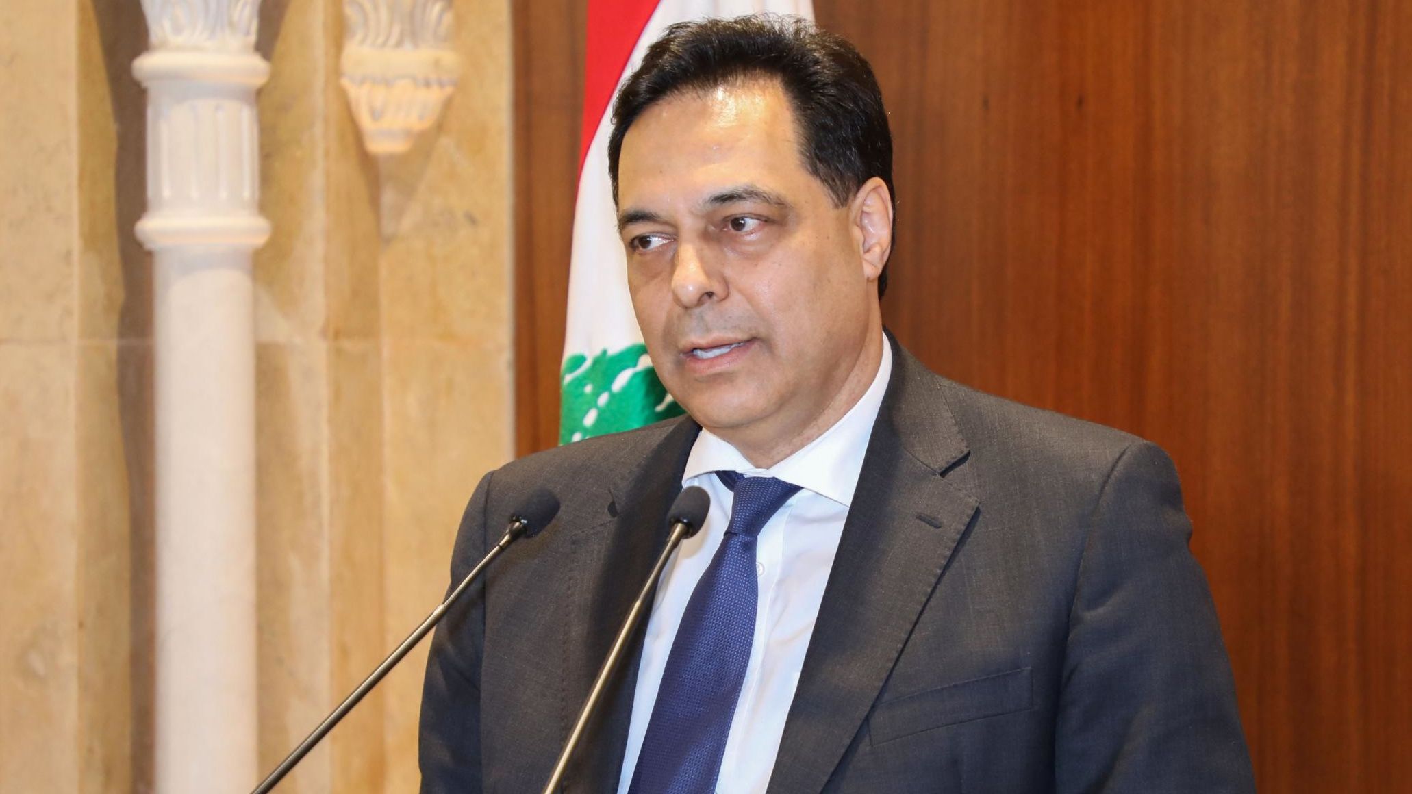Prime Minister-designate Hassan Diab gives a statement following his meeting with outgoing prime Minister Saad Hariri in Beirut on December 20, 2019. 