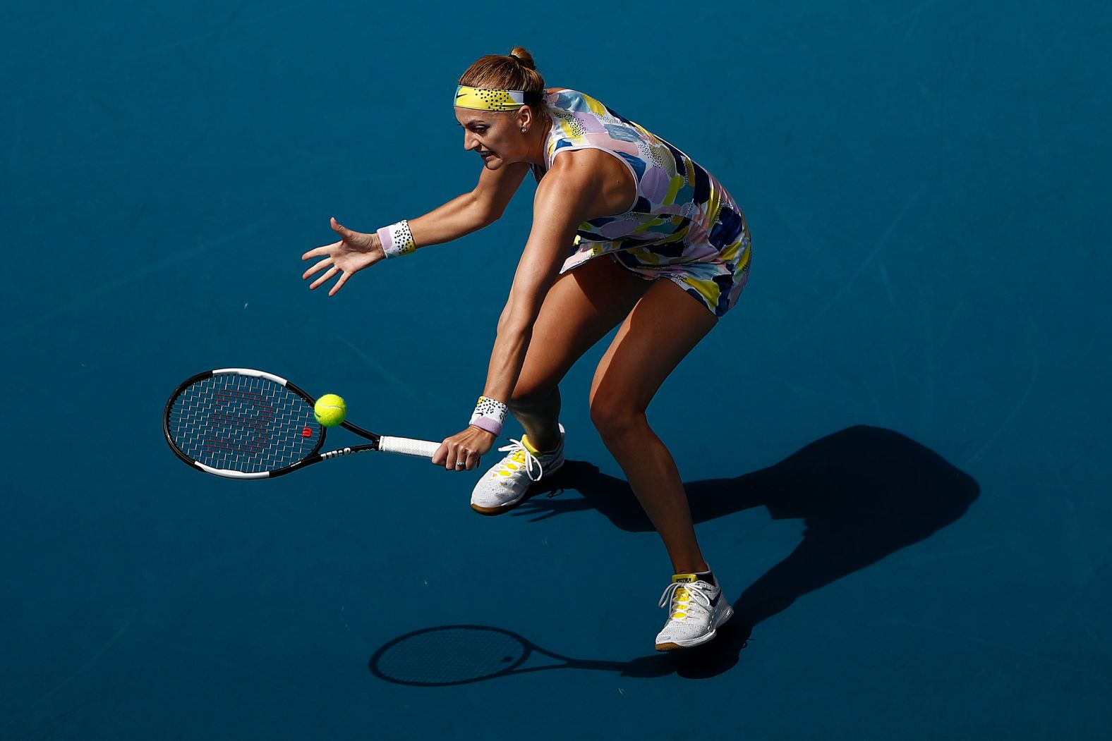 Czech Republic's Petra Kvitova plays a backhand in her second round match against Paula Badosa. A finalist here last year, Kvitova is bidding for her first major title since 2014.