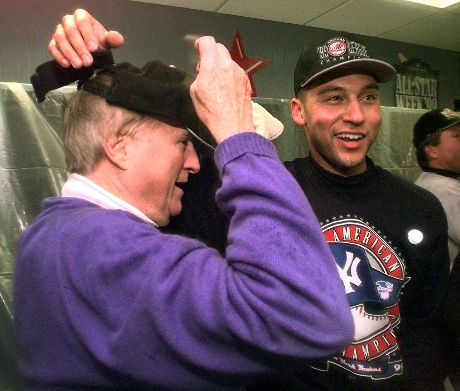 Jeter with Yankees owner George Steinbrenner in October 1999 after the Yankees won the American League pennant and advanced to their second straight World Series. 