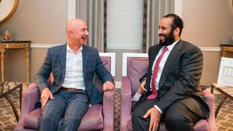 Amazon CEO Jeff Bezos shown with Saudi Crown Prince Mohammed bin Salman.