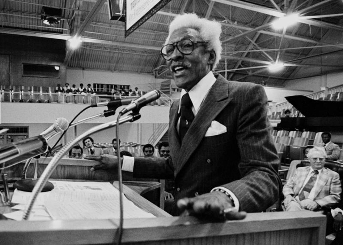Rustin speaks at Mason Temple, Church of God, 9 years after Dr. King's murder in 1977. Rustin was there with Coretta Scott King in support of striking workers during the bitter Memphis furniture strike.