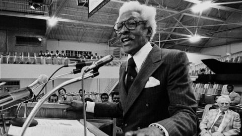 Rustin speaks at Mason Temple, Church of God, 9 years after Dr. King's murder in 1977. Rustin was there with Coretta Scott King in support of striking workers during the bitter Memphis furniture strike.