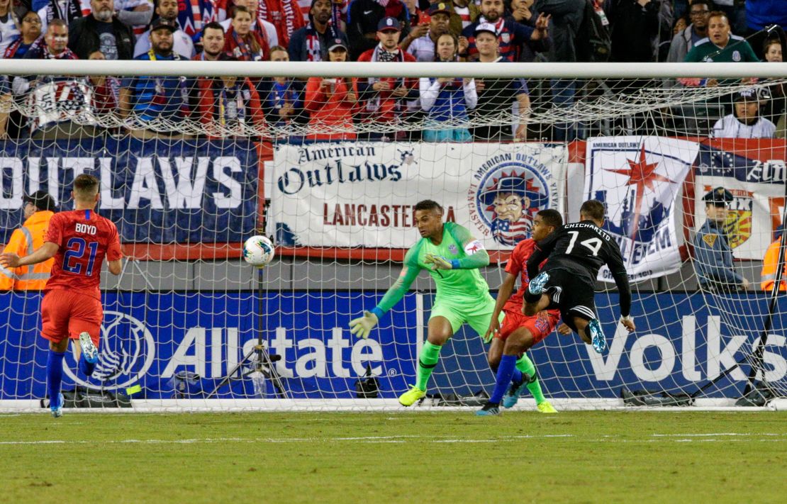 Javier Hernandez scores against the USMNT during a friendly football match in September.
