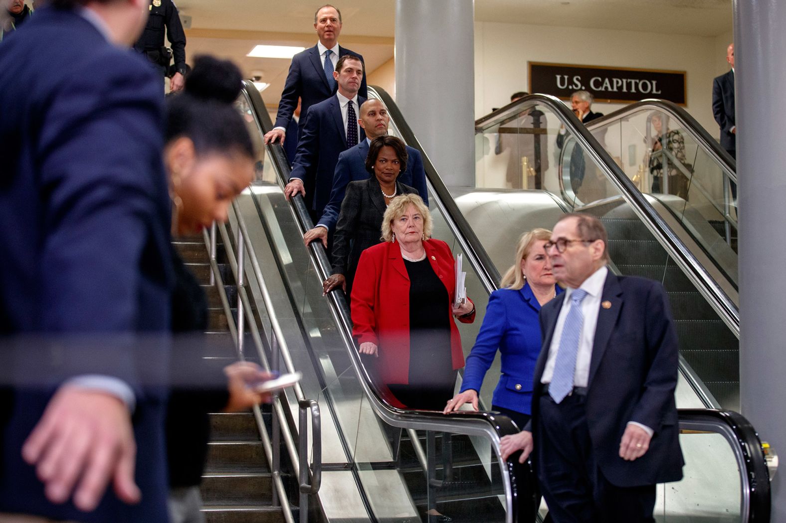 House impeachment managers prepare to speak to the media on January 22. From top left are Adam Schiff, Jason Crow, Hakeem Jeffries, Val Demings, Zoe Lofgren, Sylvia Garcia and Judiciary Chairman Jerry Nadler.