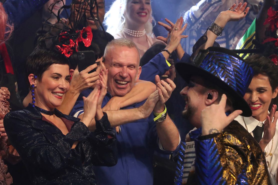 Designer Jean Paul Gaultier cheered on by singer Boy George and models after his final Haute Couture Spring/Summer 2020 fashion collection presented Wednesday January 22, 2020 in Paris. 