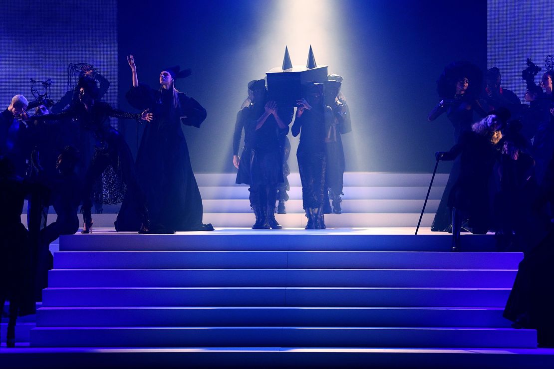 A coffin, with conical accents is brought onstage during the Jean Paul Gaultier Spring-Summer 2020 Haute Couture show.