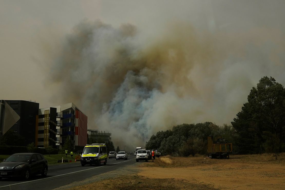 A bushfire burns on January 23, 2020 in Canberra, Australia.