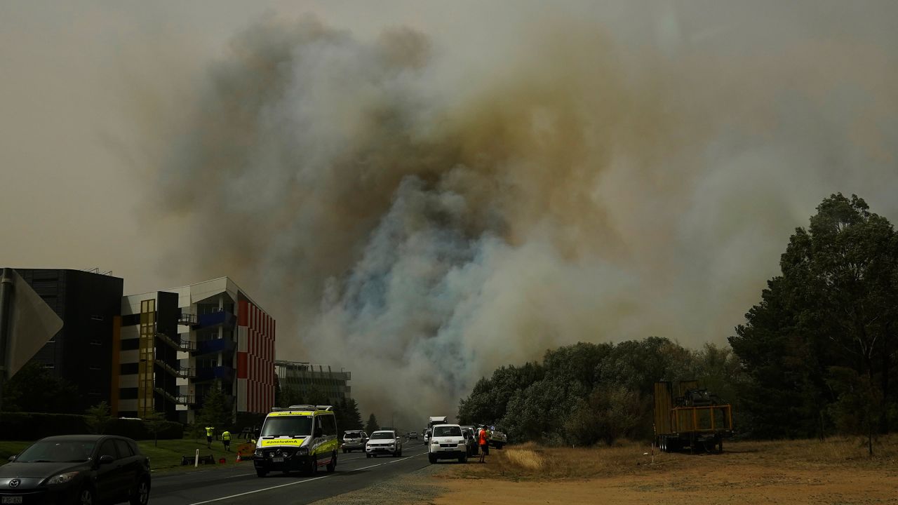 A bushfire burns on January 23, 2020 in Canberra, Australia.