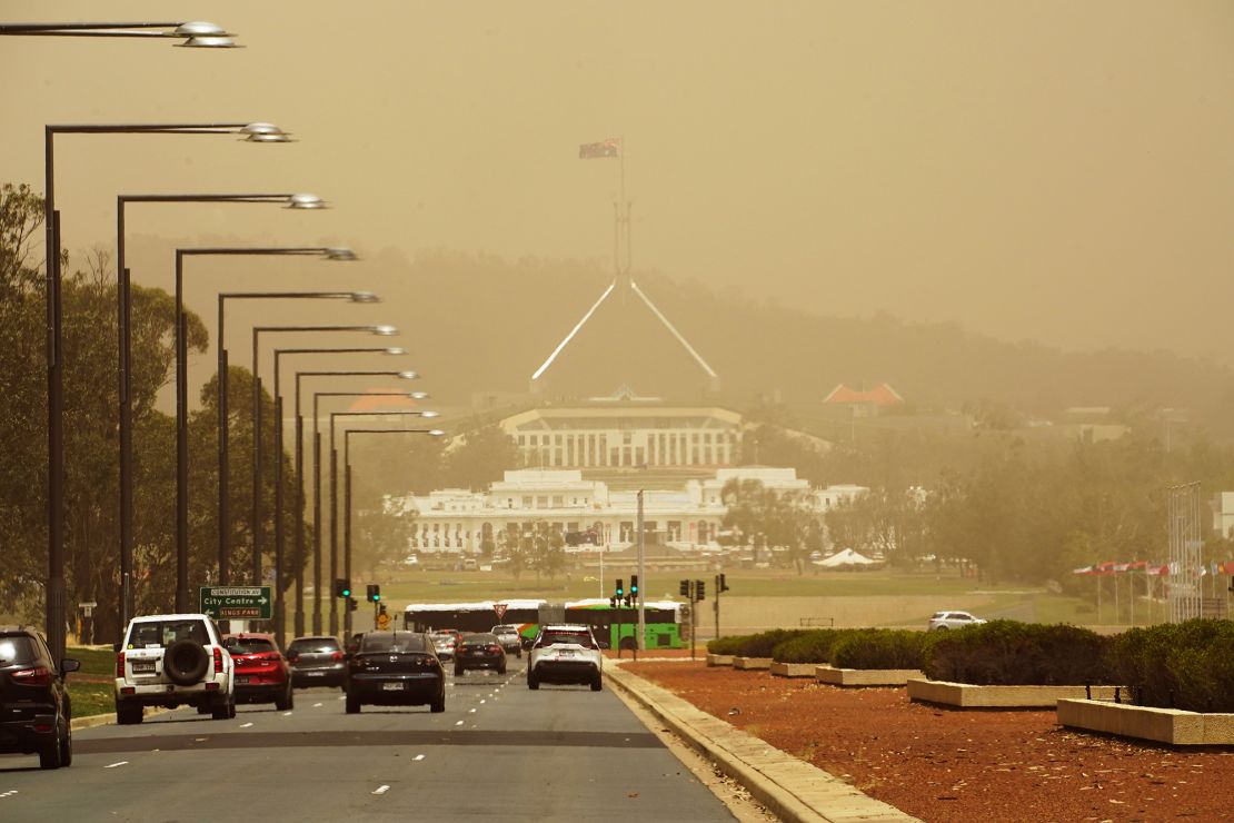 Parliament House in Canberra, Australia, is blanketed by bushfire smoke on January 23, 2020.