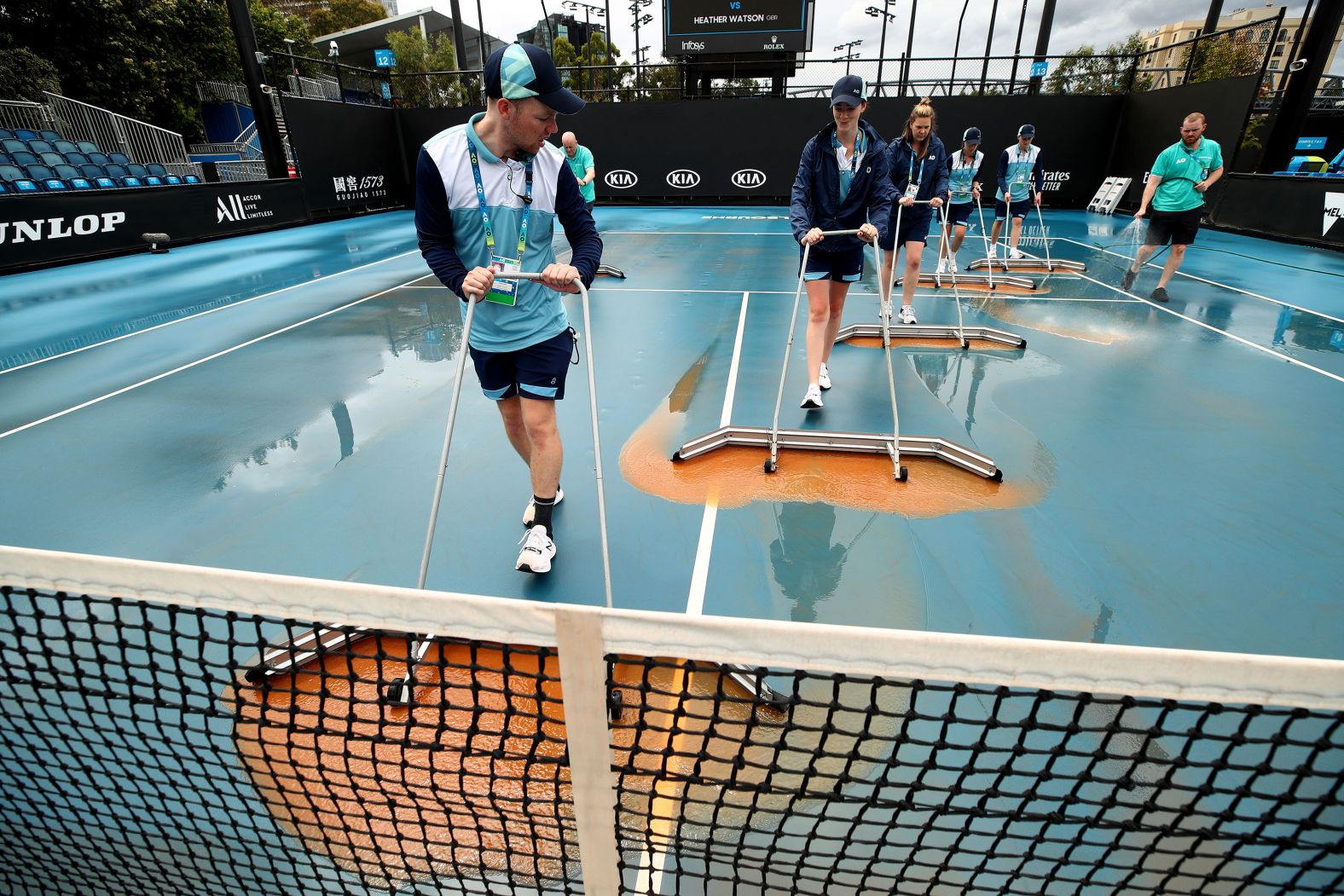 Staff attempt to <a href="https://www.trupilariante.com/2020/01/23/tennis/australian-open-tennis-weather-spt-intl/index.html" target="_blank">clean dirt off Melbourne Park's outside courts</a> brought down by rainfall, which caused play to be delayed.
