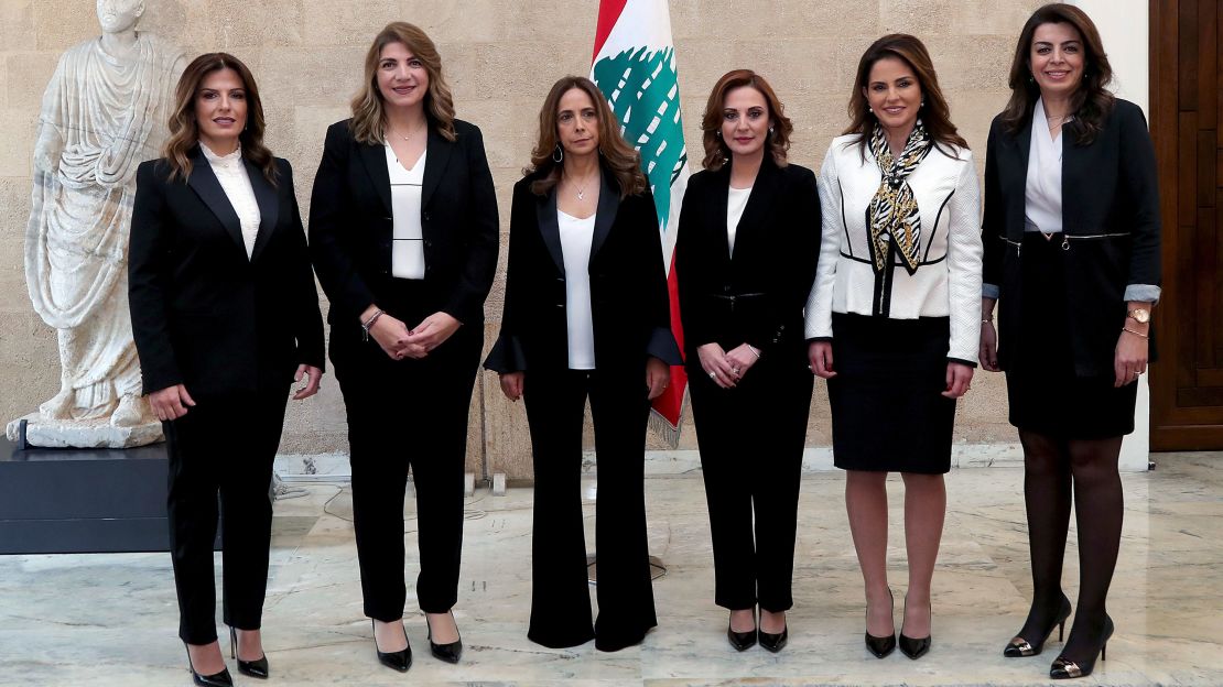 Women ministers in the new government, from left to right; Minister of Labor Lamia Yammine, Justice minister Marie-Claude Najem, Defense Minister Zeina Akar, Minister of Youth and Sports Vartie Ohanian, Minister of Information Manal Abdul-Samad and Minister of Displaced Ghada Shreim, posing for an official picture at the Presidential Palace in Baabda, east of Beirut, Lebanon, Wednesday, Jan. 22, 2020.