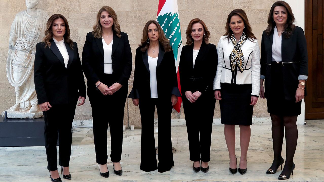 Women ministers in the new government, from left to right; Minister of Labor Lamia Yammine, Justice minister Marie-Claude Najem, Defense Minister Zeina Akar, Minister of Youth and Sports Vartie Ohanian, Minister of Information Manal Abdul-Samad and Minister of Displaced Ghada Shreim, posing for an official picture at the Presidential Palace in Baabda, east of Beirut, Lebanon, Wednesday, Jan. 22, 2020. 
