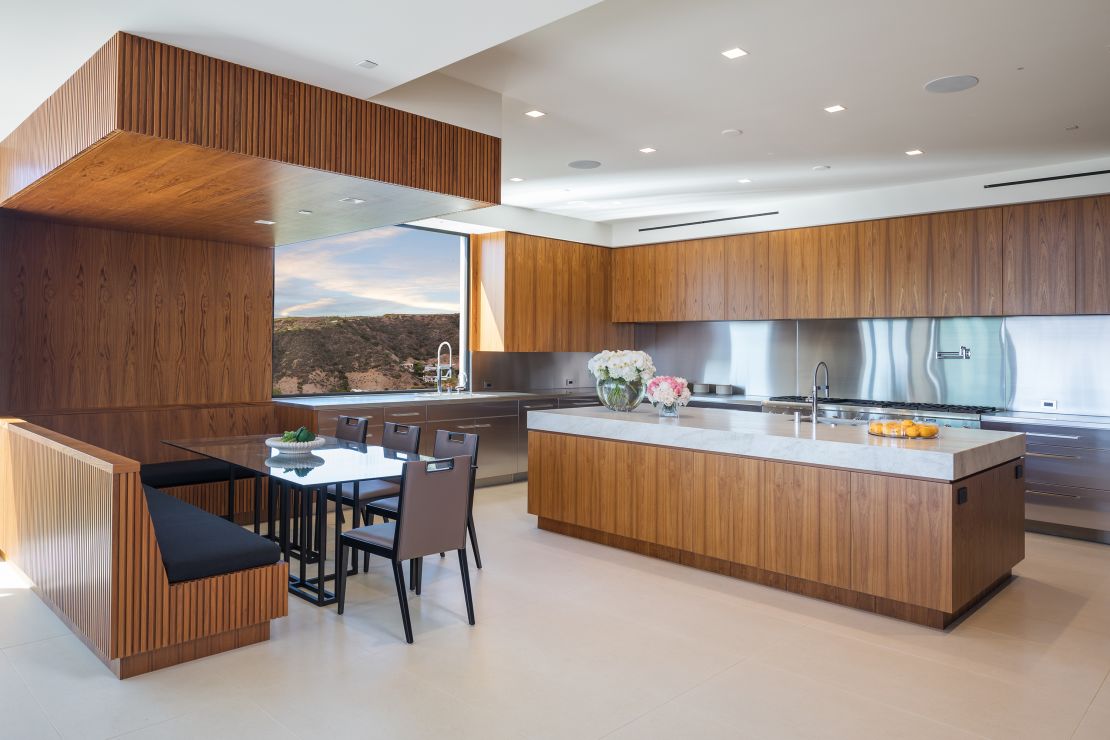 The kitchen of a 10,000 square-foot home in Beverly HIlls with a system designed to montior and purify the air, water and light.