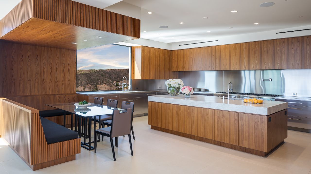 The kitchen of a 10,000 square-foot home in Beverly HIlls with a system designed to montior and purify the air, water and light.