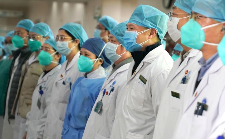 Medical staff of Wuhan's Union Hospital attend a gathering on January 22, 2020.