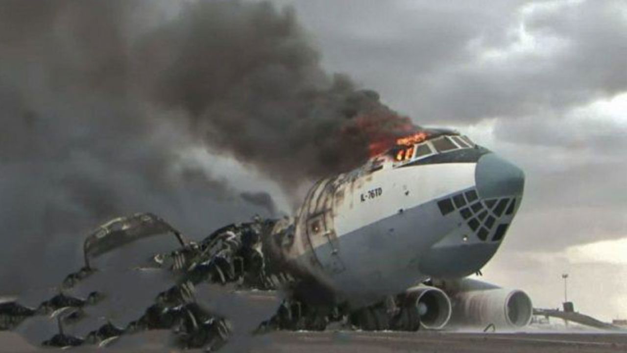 A photo described in a UN report on the Libyan arms embargo as showing a SkyAviaTrans plane blown up in Misrata in August 2019.