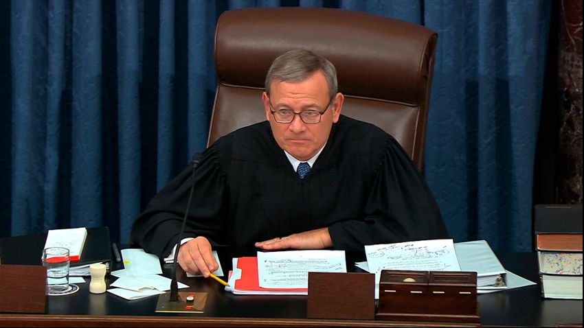 In this image from video, presiding officer Supreme Court Chief Justice John Roberts speaks during the impeachment trial against President Donald Trump in the Senate at the U.S. Capitol in Washington, Wednesday, Jan. 22, 2020.