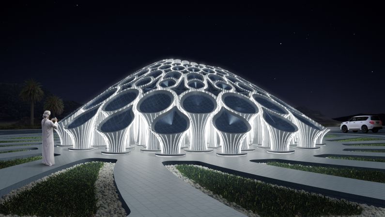 This "forest" of 3D-printed columns lights up at night for visitors to explore. The proposal from the Middle East Architecture Network (MEAN) is intended for installation on a roundabout close to the site of Expo 2020 - the world fair that opens in Dubai on October 20, 2020. 