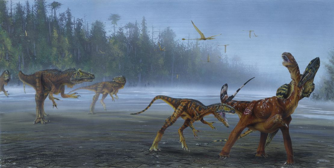 An illustration showing a pack of Allosaurus attacking a young sauropod.