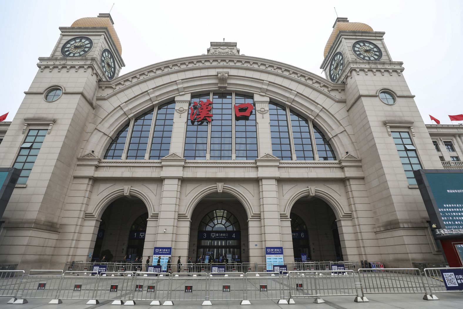 Barricades block access to the closed Hankou Railway Station in Wuhan in Hubei province, on Thursday, January 23. The station was closed in an unprecedented effort to try to contain the coronavirus amid the Lunar New Year travel rush.