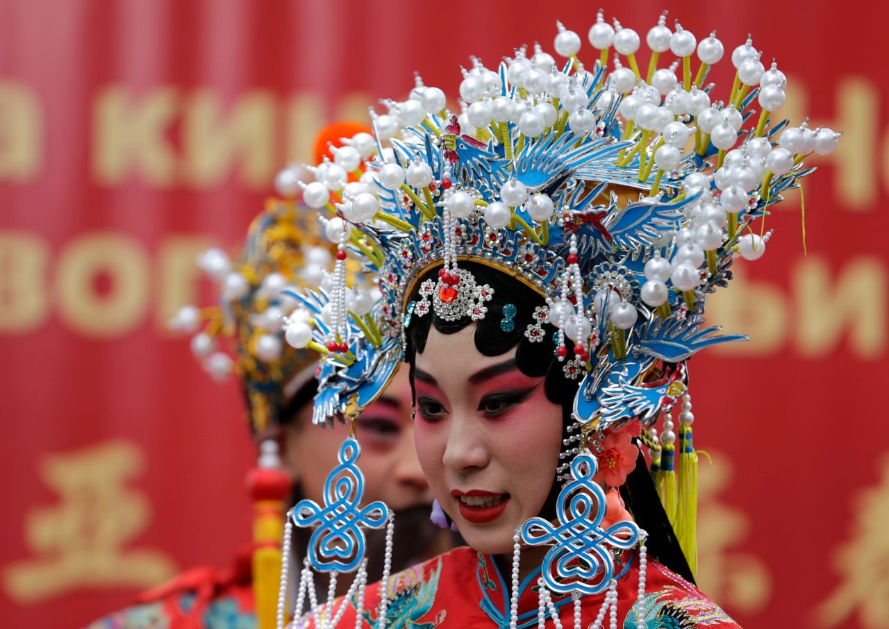 A performer wearing a traditional Chinese costume attends festivities in Belgrade, Serbia, on Saturday, January 18.