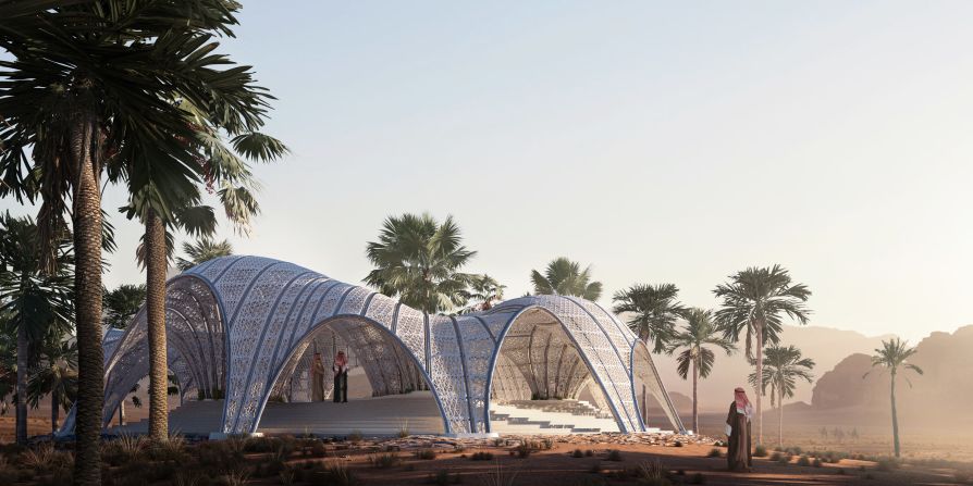 Design for a 3D-printed pavilion at the Wadi Rum resort destination in Jordan. The vision updates traditional Bedouin tents. 