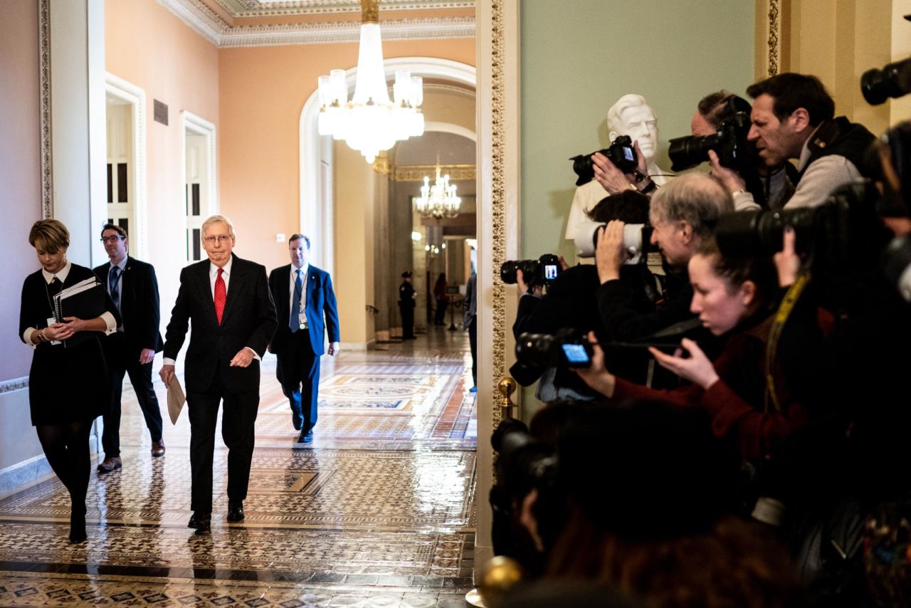 Senate Majority Leader Mitch McConnell walks to open the Senate during <a href="https://www.cnn.com/2020/01/21/politics/gallery/trump-impeachment-trial/index.html" target="_blank">the impeachment trial</a> of President Donald Trump on Tuesday, January 21. The trial will determine whether Trump should be removed from office.