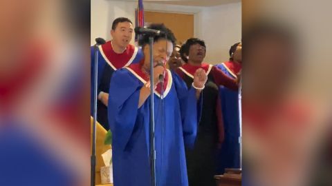 Presidential candidate Andrew Yang singing in a Baptist church in Waterloo, Iowa.
