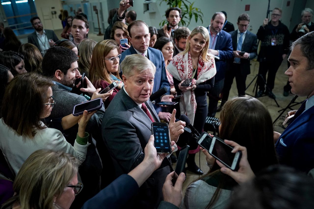 Sen. Lindsey Graham speaks with reporters in the Senate subway before the impeachment trial resumes January 23.