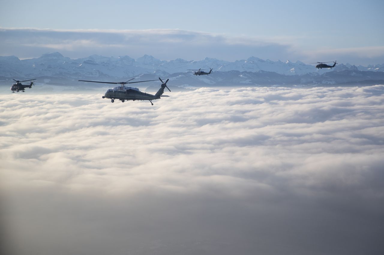 Marine One, carrying President Donald Trump, travels to the Davos landing zone in Switzerland on Tuesday, January 21. Trump arrived in Switzerland for a two-day visit to the World Economic Forum.