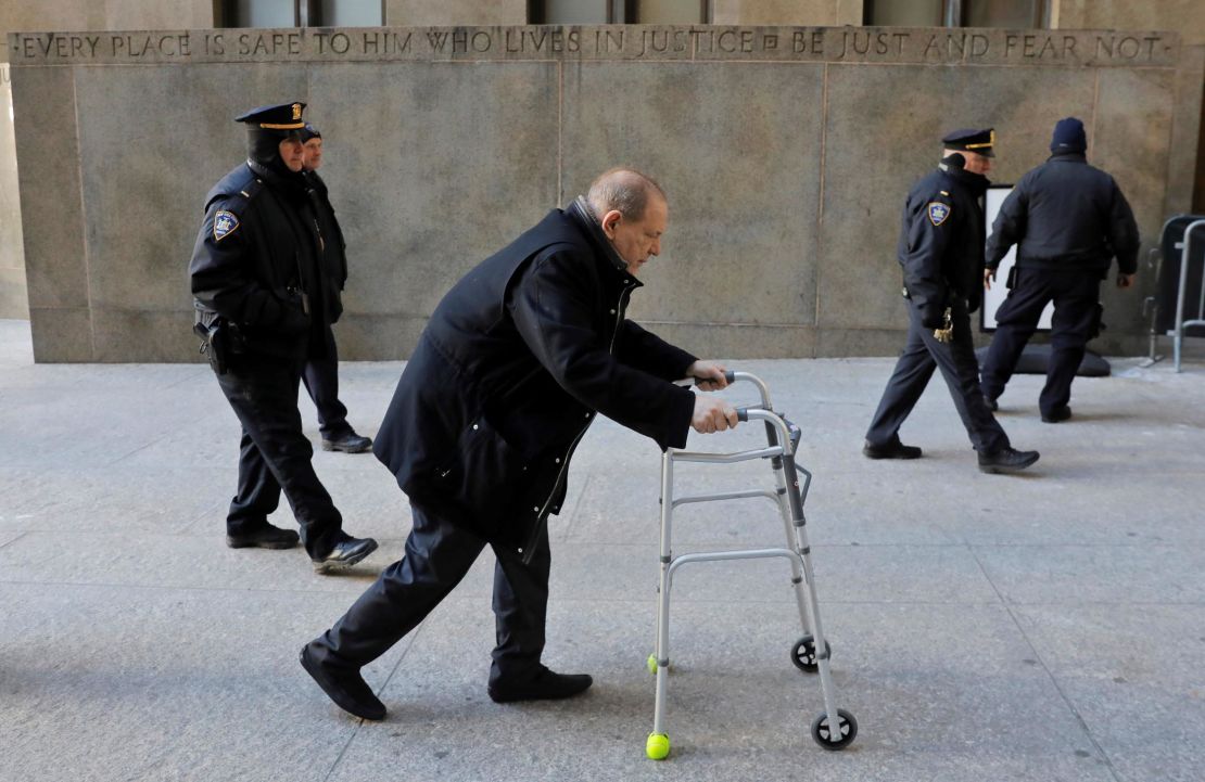 Movie producer Harvey Weinstein arrived to New York Criminal Court for his sexual assault trial using a walker on January 21, 2020.