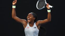 MELBOURNE, AUSTRALIA - JANUARY 24: Coco Gauff of the United States celebrates after winning match point during her Women's Singles third round match against Naomi Osaka of Japan day five of the 2020 Australian Open at Melbourne Park on January 24, 2020 in Melbourne, Australia. (Photo by Cameron Spencer/Getty Images)