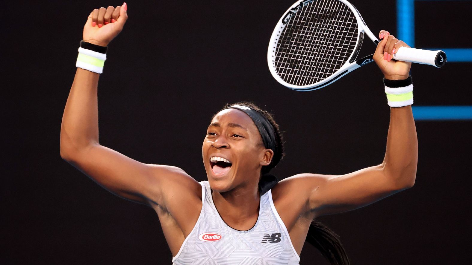 Teenager Coco Gauff celebrates after victory against world No. 3 Naomi Osaka during the third round of the Australian Open on January 24.