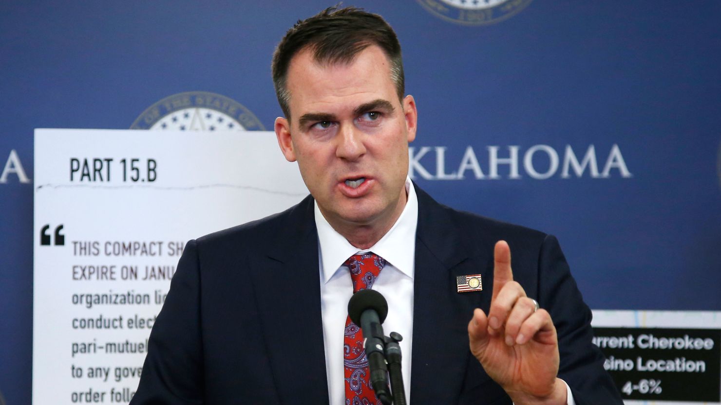 Oklahoma Gov. Kevin Stitt gestures during a news conference in Oklahoma City on December 17, 2019.